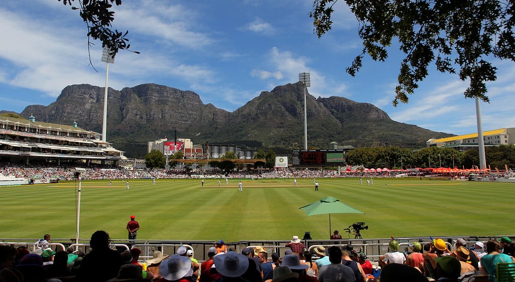 The Proteas Men in action at Newlands Cricket ground with Table Mountain as a backdrop