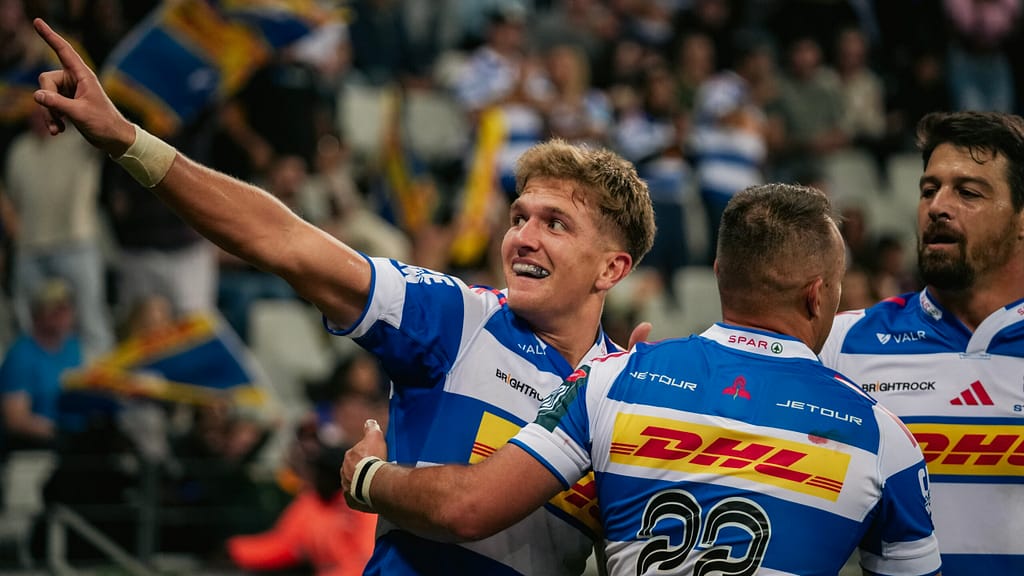 DHL Stormers fly-half Jurie Matthee celebrates scoring a try during a URC match