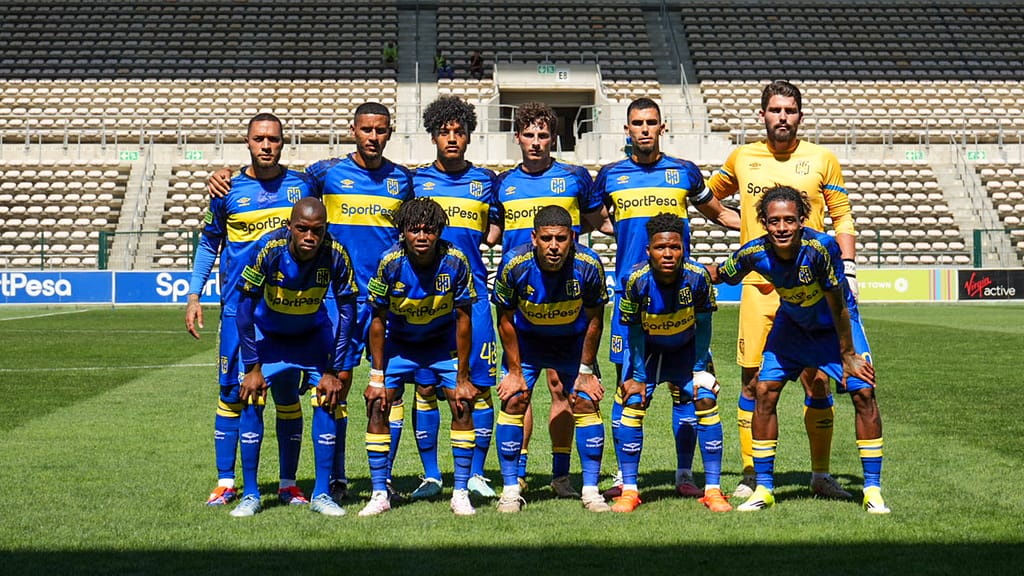 Cape Town City FC players pose for a photo pre-game at Athlone Stadium