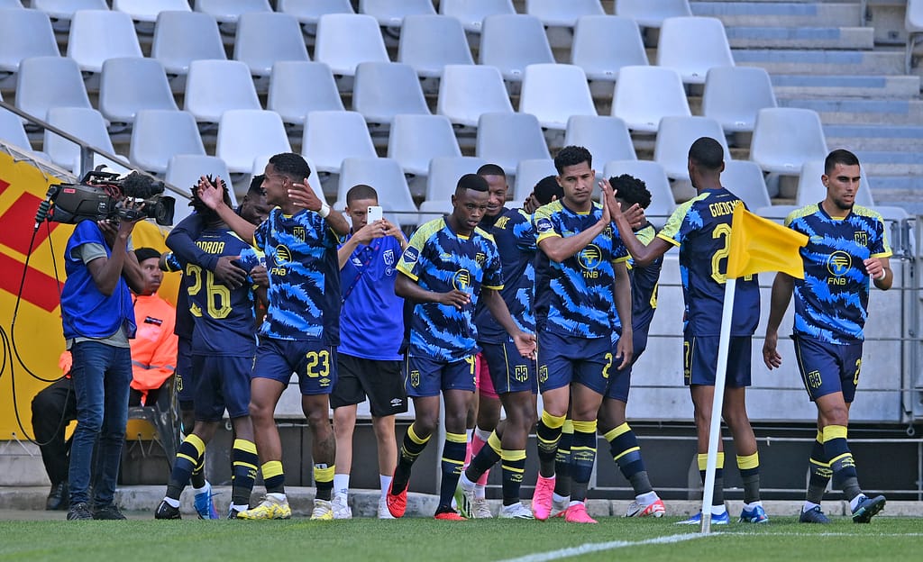 Cape Town City players celebrate a goal during their match