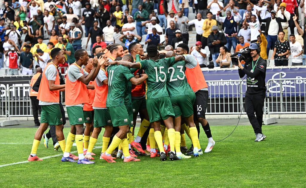 Bafana Bafana at DHL Stadium in a huddle on the pitch