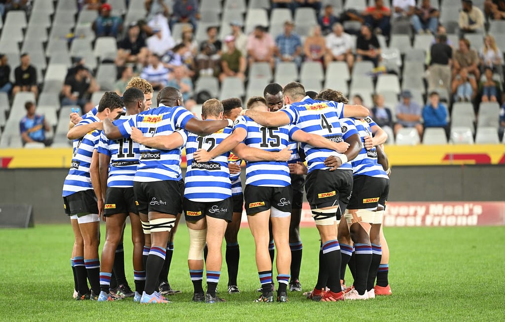 DHL Western Province players huddled up during a game at the DHL Stadium