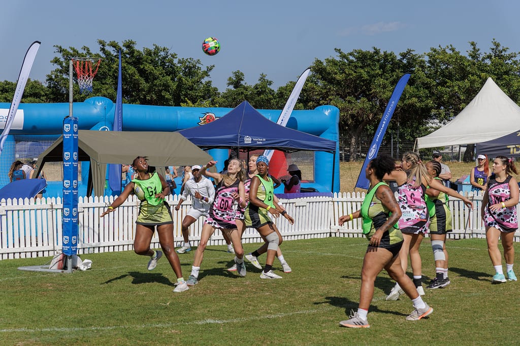 A netball player goes for a ball during a match at the Cape Town 10s