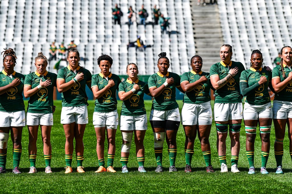 Springbok Women sing the national anthem before their clash against the Barbarians at DHL Stadium in September 2024
