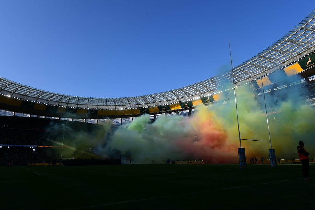 Colourful pyro display at a rugby game at DHL Stadium