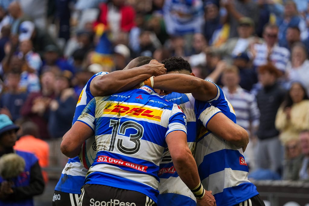 DHL Stormers players celebrate a try during a game at DHL Stadium