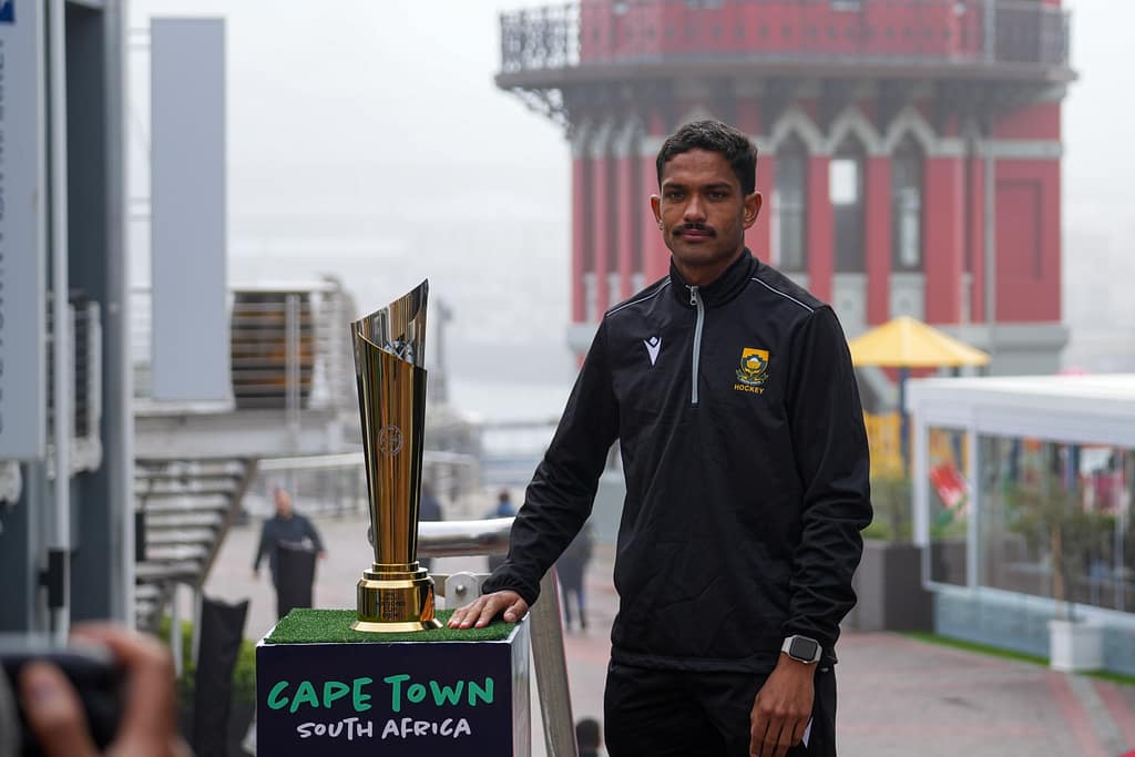 SA Hockey captain Dayaan Cassiem poses with the Nations Cup trophy at the V&A Waterfront