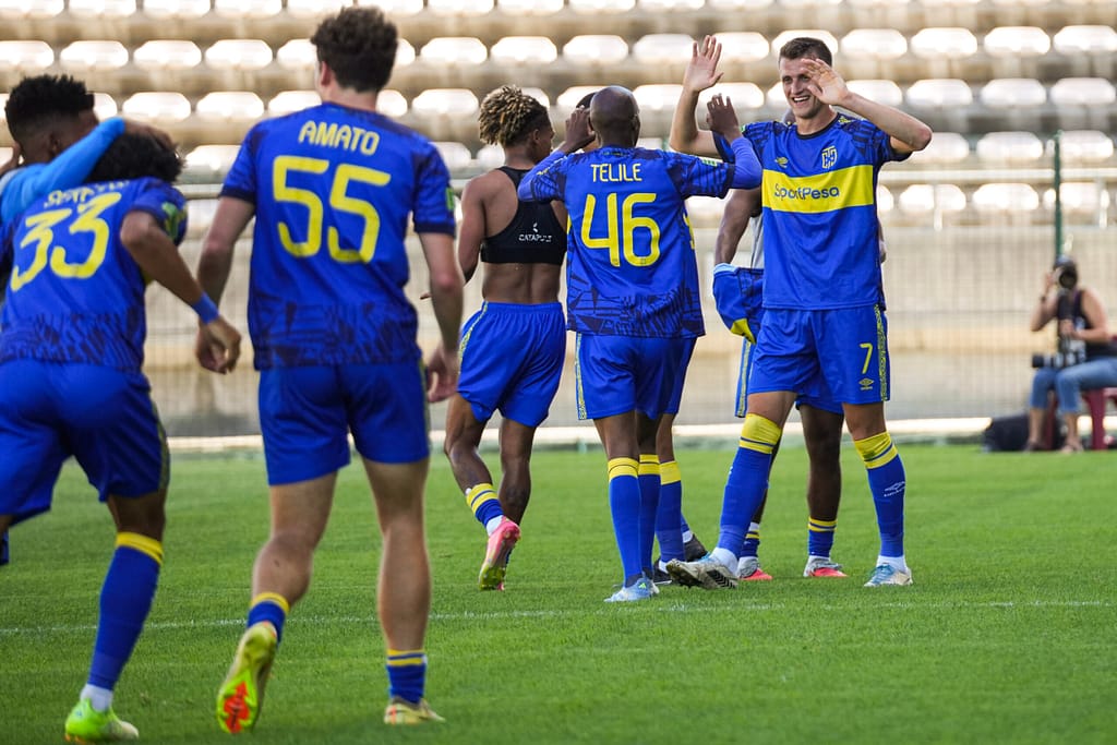 Cape Town City FC players celebrate a goal at Athlone Stadium