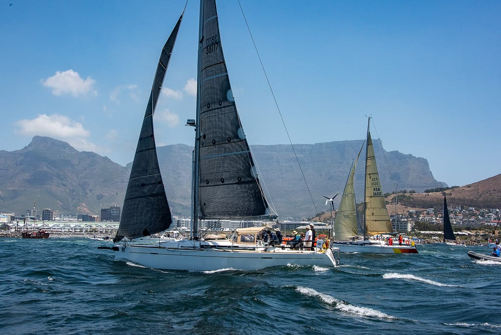Cape2Rio participating yachts on the water in Table Bay Harbour