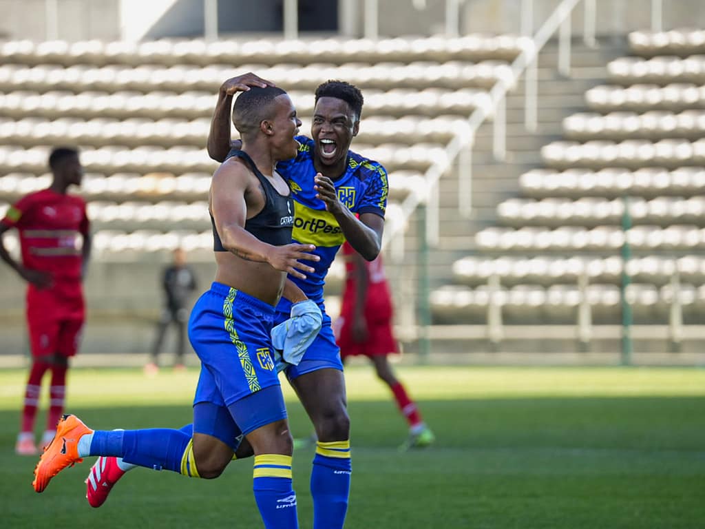 Cape Town City players celebrate a goal at Athlone Stadium