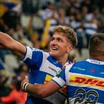 DHL Stormers fly-half Jurie Matthee celebrates scoring a try during a URC match