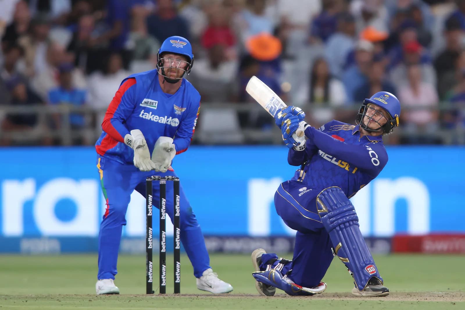 MI Cape Town's Ryan Rickelton hits a six during an SA20 match against the Durban's Super Giants