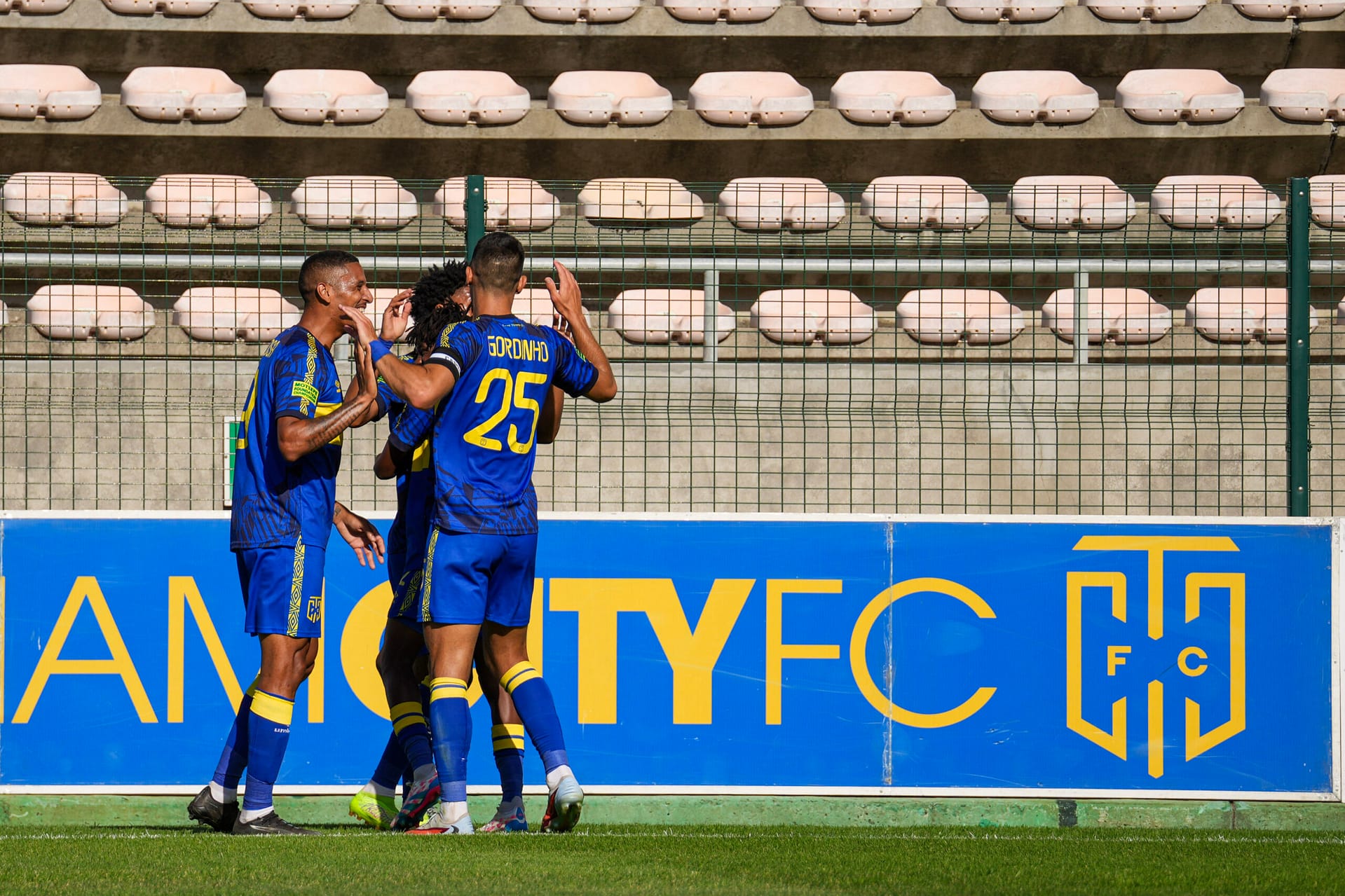 Cape Town City FC players celebrate a goal at Athlone Stadium