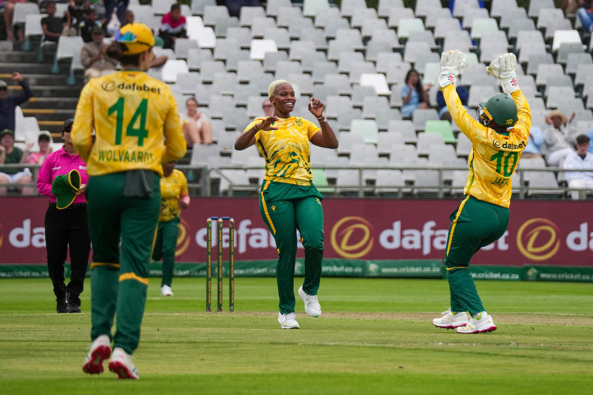 Proteas Women players celebrate taking a wicket at Newlands Cricket Ground