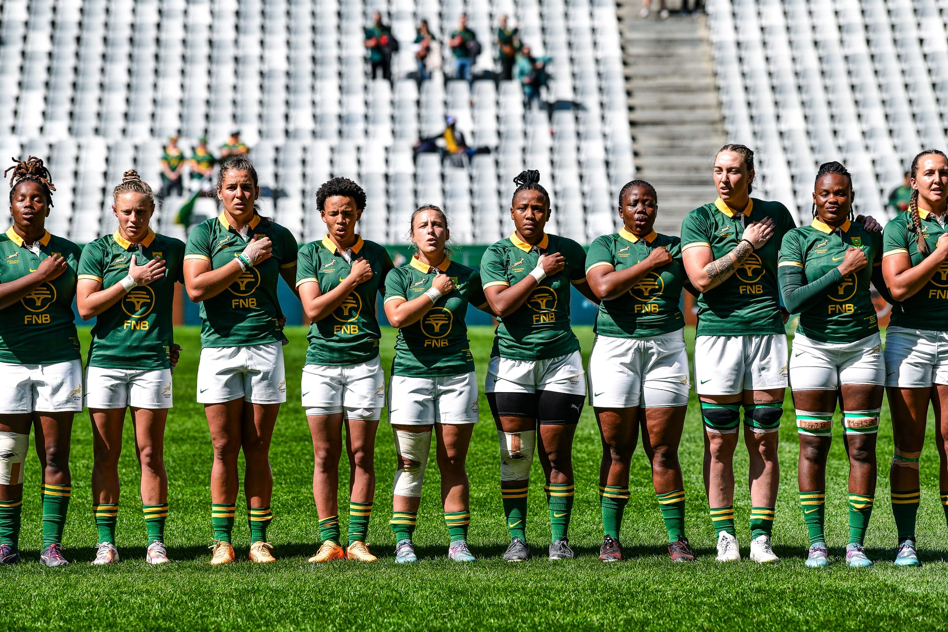 Springbok Women sing the national anthem before their clash against the Barbarians at DHL Stadium in September 2024