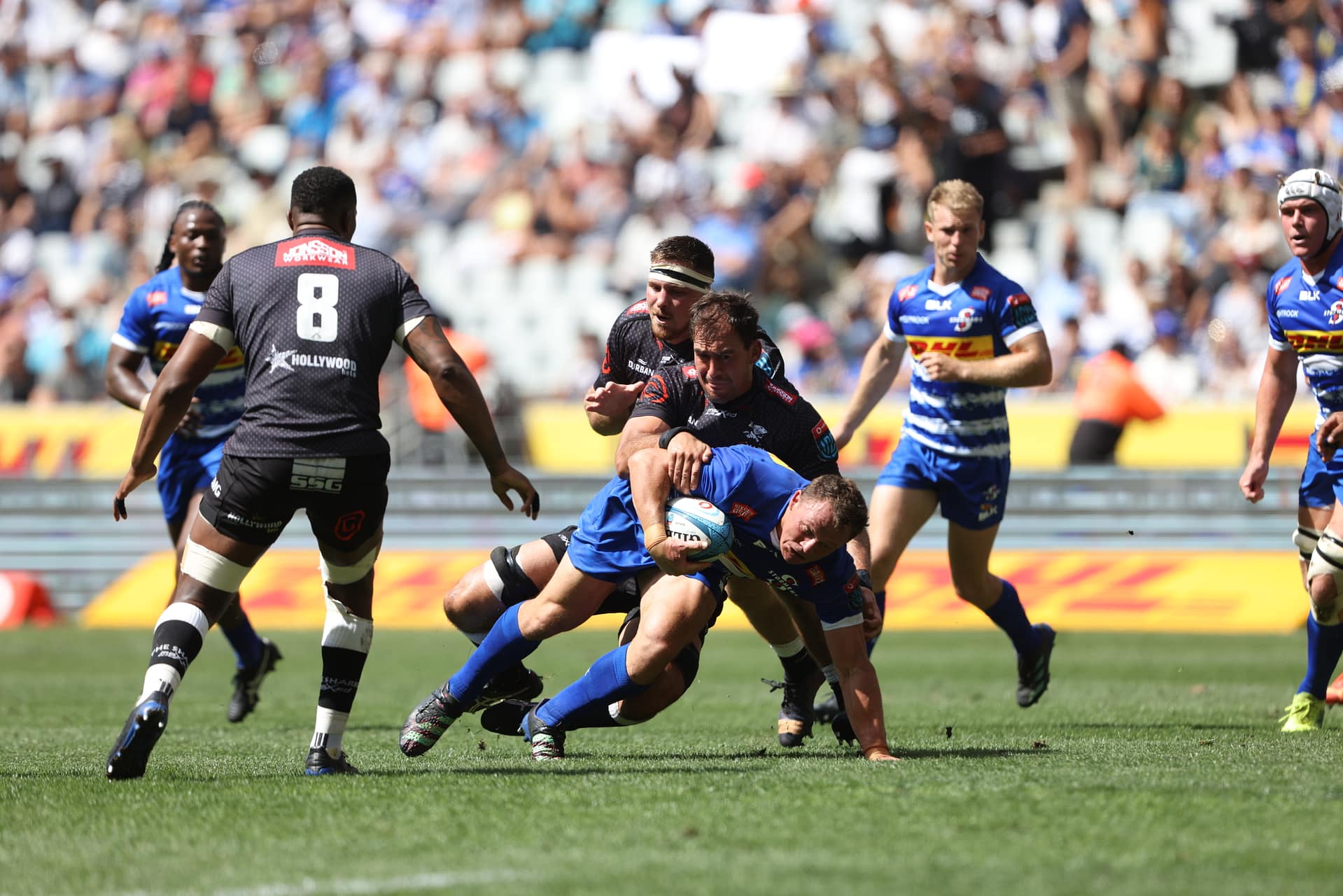 DHL Stormers player Deon Fourie drives in the thick of the action