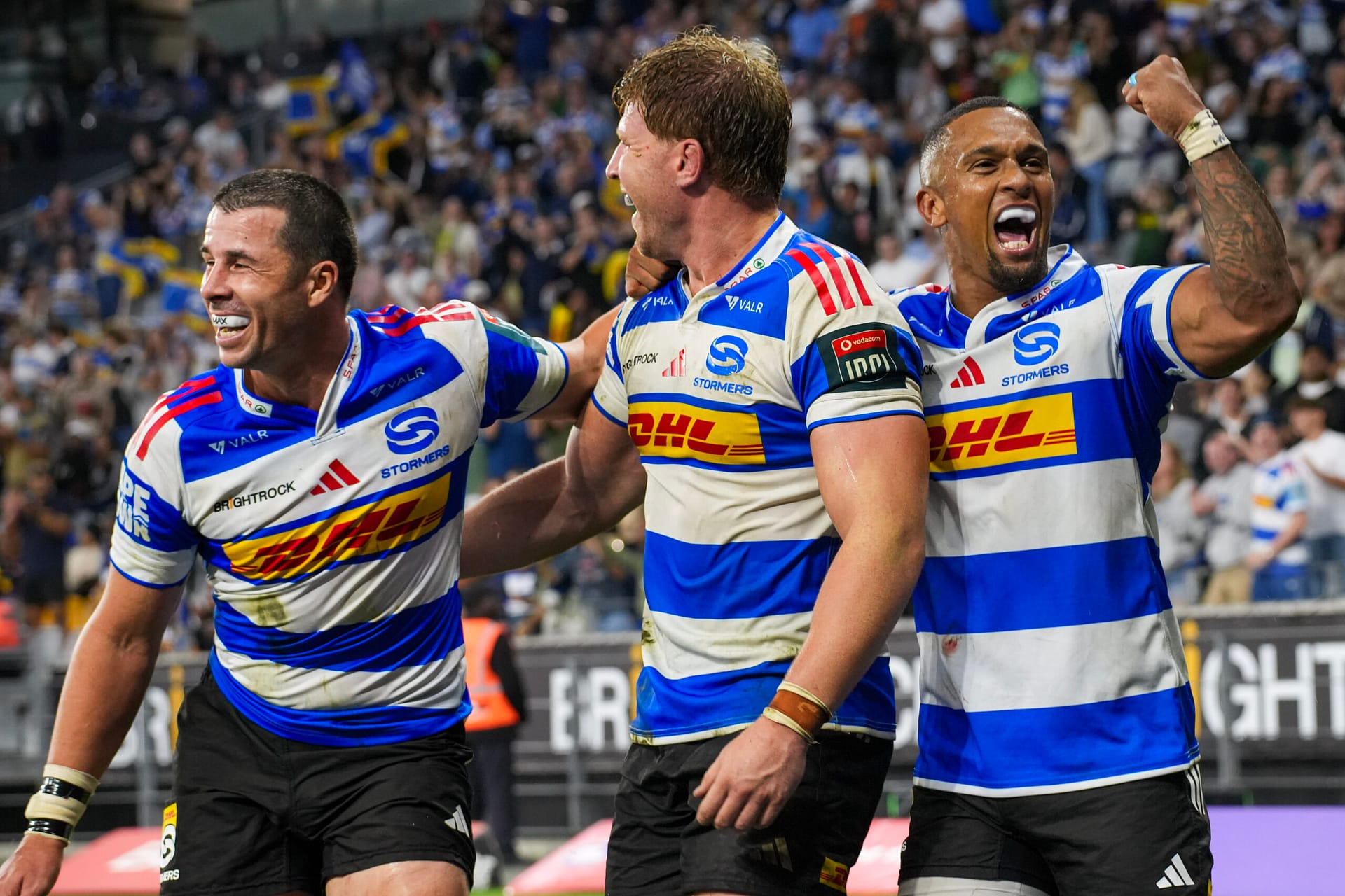 DHL Stormers players celebrate a try during a game at DHL Stadium