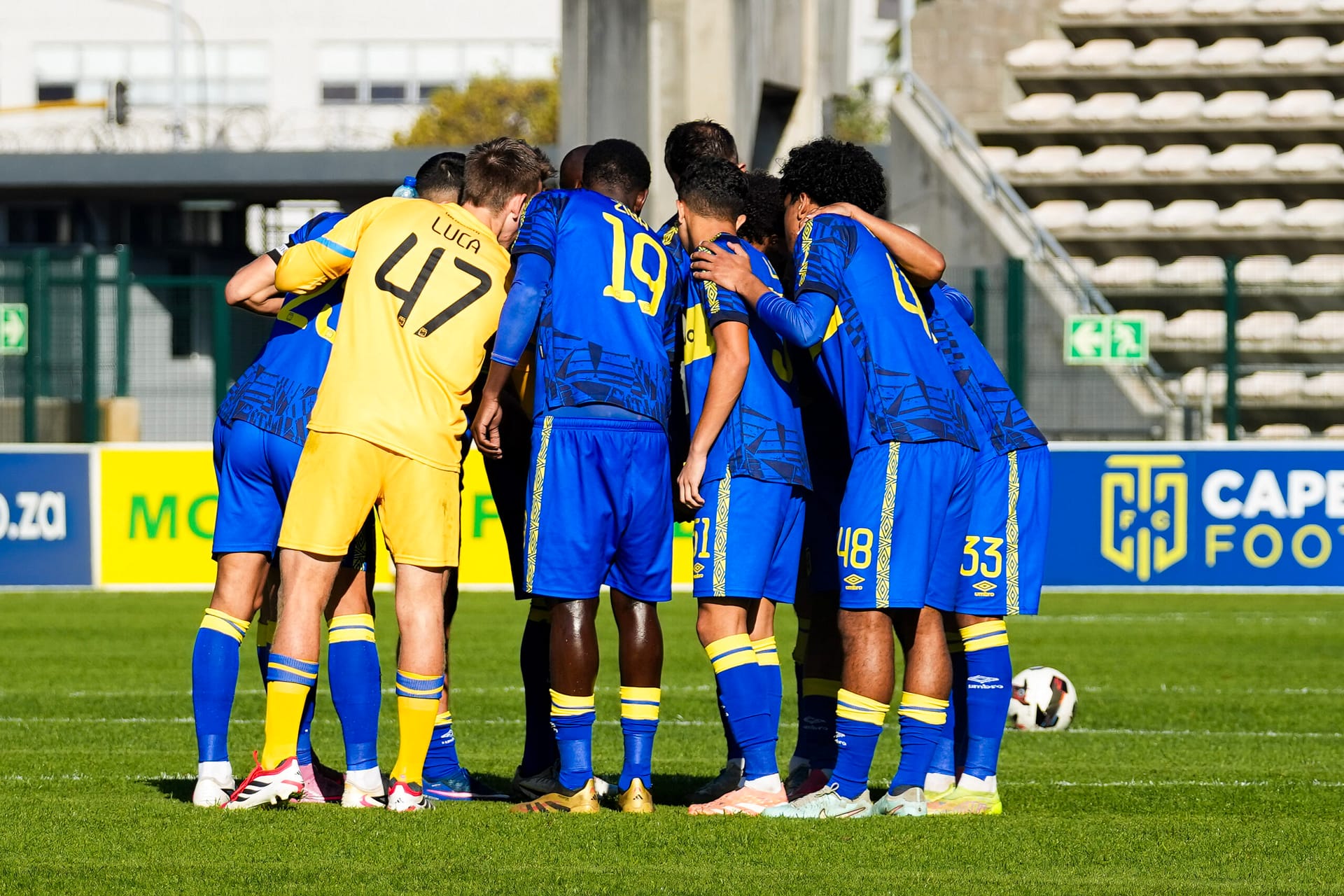 Cape Town City FC huddle at Athlone Stadium. They face Leicesterford FC in Athlone on 2 September 2026