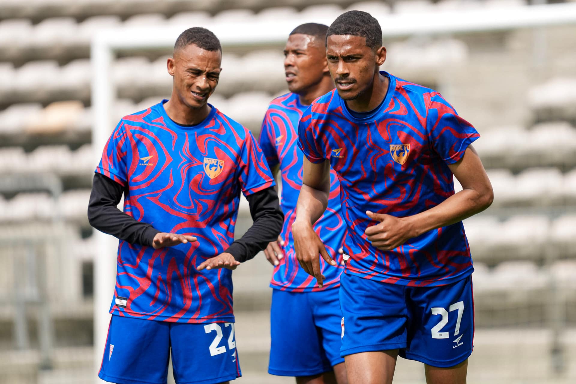 Hope FC midfielder Taahir Goedeman warms up ahead of the Cape Town Derby at Athlone Stadium